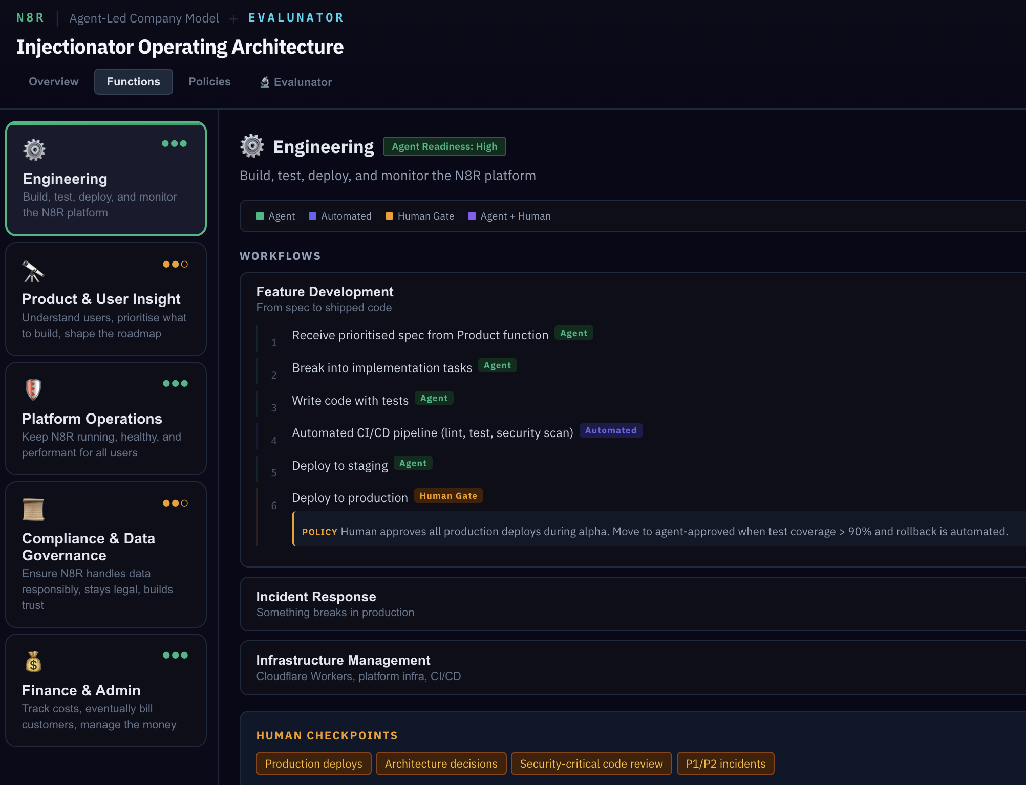 Engineering selected, Feature Development expanded showing steps with actor badges and POLICY annotation on deploy step